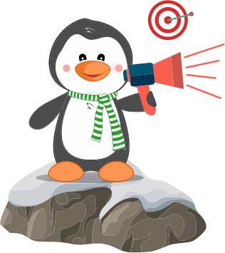 2d penguin using a megaphone on top of a rock with snow target board