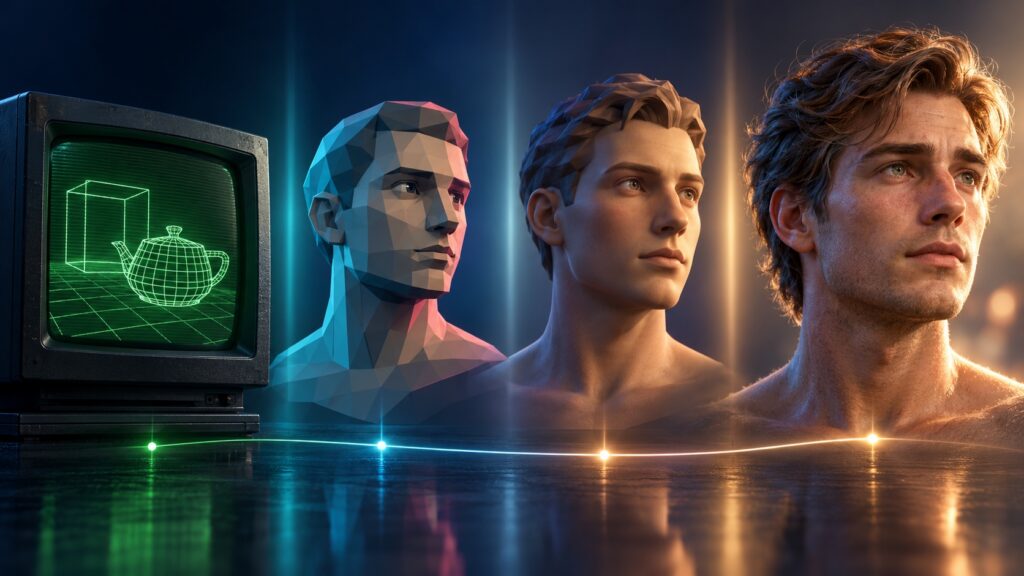 Evolution of 3D animation from green wireframe graphics through polygonal characters to photorealistic rendering.