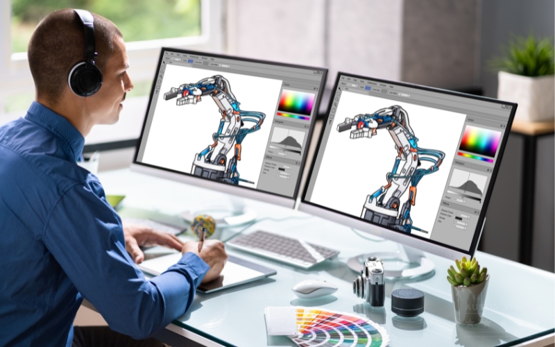 3D animation artist creating robotic arm design on dual monitors in modern studio workspace
