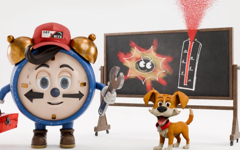 3d animation clock character holding wrench with toolbox dog sidekick and blackboard explaining thermostat instruction scene