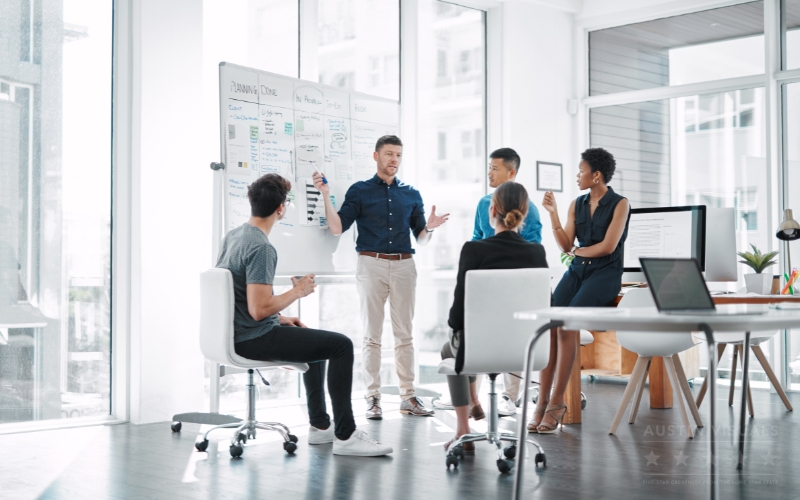 Explainer Videos That Win Customers – A Guide for Texas Businesses 3 business team strategy meeting with whiteboard