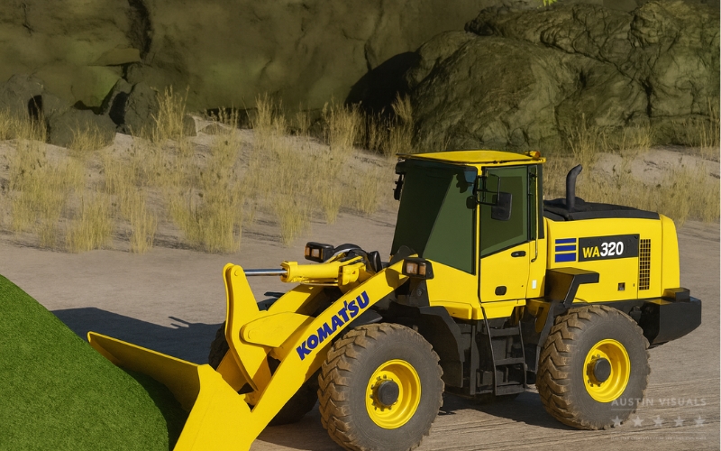 Business Results with 3D Animation – Why Companies See ROI 3 komatsu wa d rendering front loader yellow black construction equipment pushing green material dry grass rock background