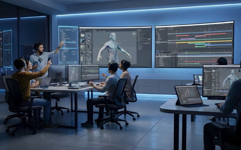 a team of digital artists collaborating in a modern d animation studio with large screens displaying character models timelines and editing software under cool blue lighting