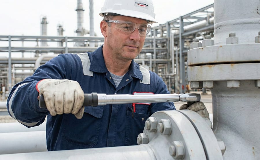 Refinery worker using industrial video for equipment maintenance training