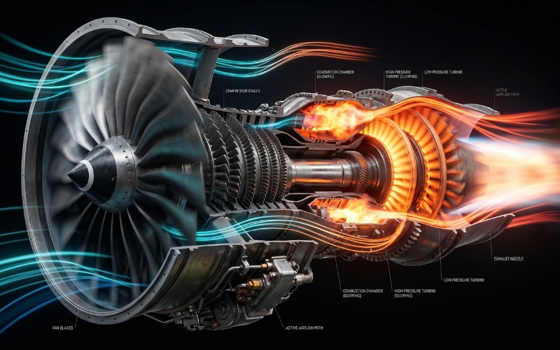 The Role of Aerospace and Defense Animation in Training and Simulation 5 aerospace d animation jet engine internal components airflow