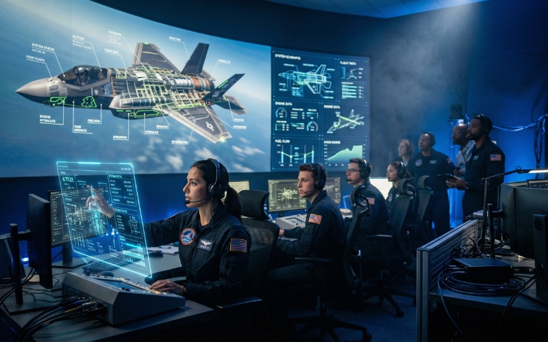 The Role of Aerospace and Defense Animation in Training and Simulation 2 aerospace engineering team analyzing aircraft systems dashboard