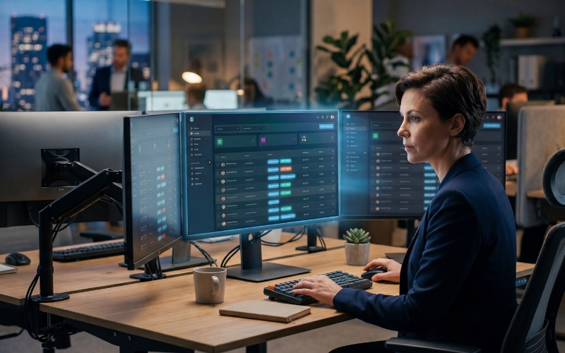 AI Automation Services for Business Owners 4 office worker managing automation dashboard multiple screens