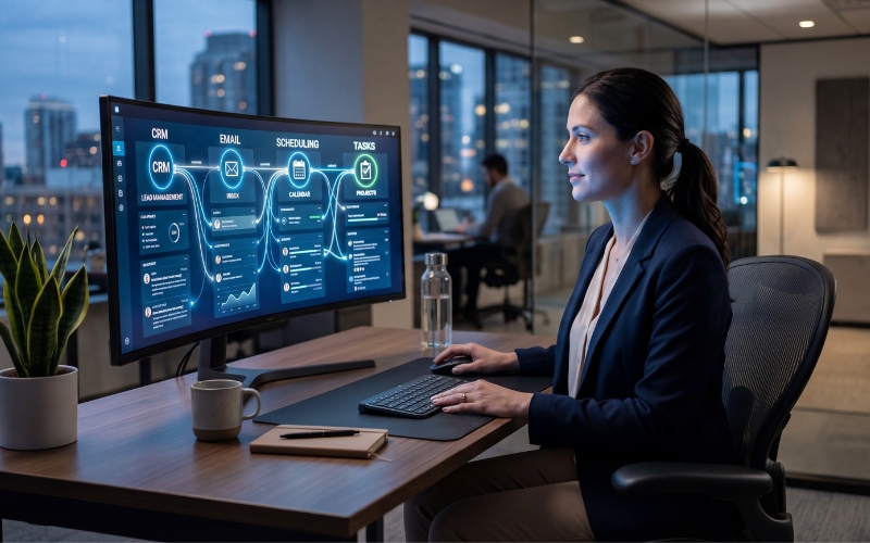 AI Automation Services for Business Owners 3 office worker using crm and task management software dashboard