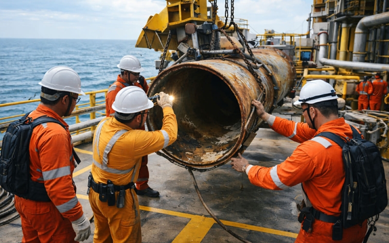 offshore oil rig workers examining damaged pipeline section