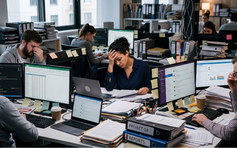 AI Automation Services for Business Owners 1 overworked office team in a modern business environment