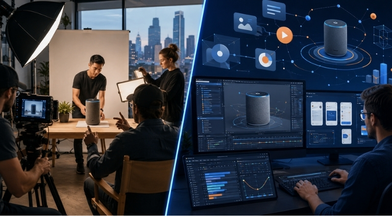 comparison between live action product video production and d animation workflow for smart speaker marketing