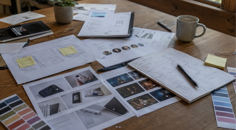 The Explainer Video Production Process Buyers Should Expect 3 creative branding and product animation preproduction workspace with storyboards color palettes and marketing planning documents