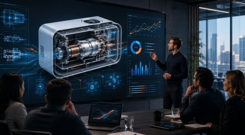 d industrial product animation presentation with transparent cutaway rendering and engineering data visualization