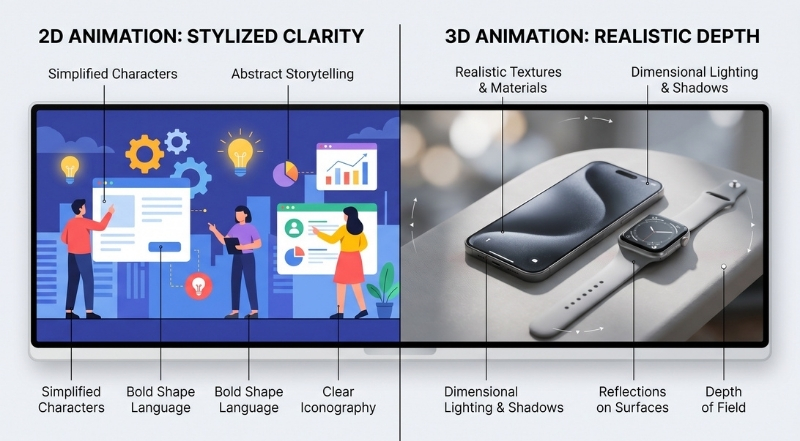 d vs d animation comparison showing flat design and photorealistic rendering