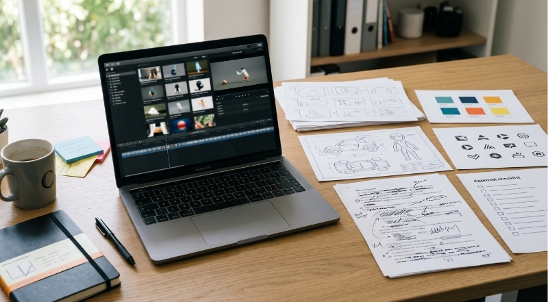 explainer video preproduction workspace with video editing software storyboards and creative approval documents