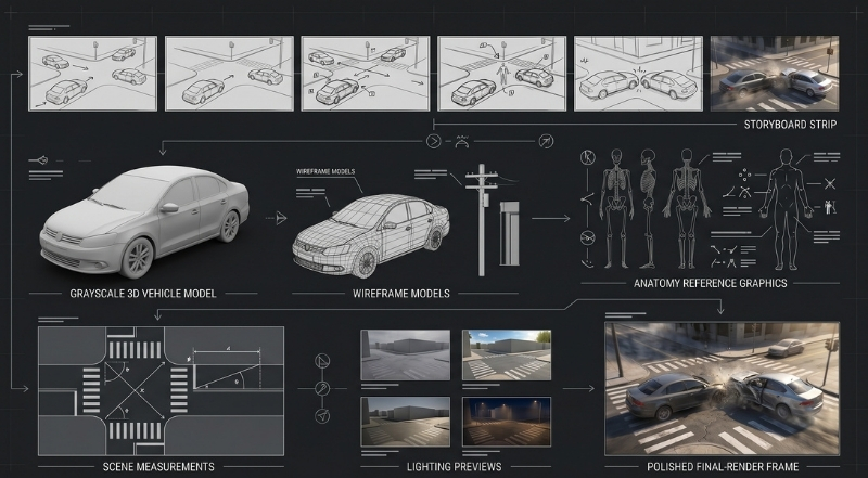 forensic animation production process for vehicle accident reconstruction