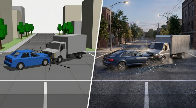 forensic d vehicle collision animation before and after render comparison