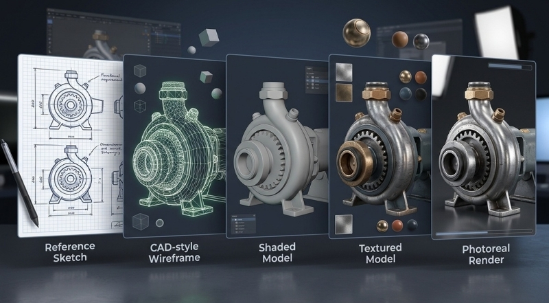 The Explainer Video Production Process Buyers Should Expect 4 industrial d modeling process from technical sketch to photorealistic render