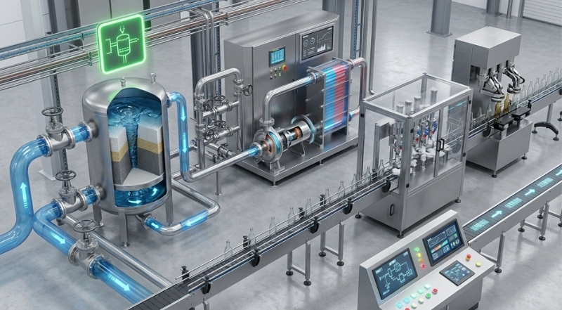 industrial manufacturing process visualization with fluid flow and automation