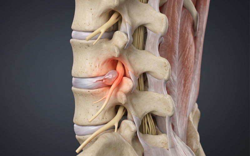 spinal disc herniation causing nerve pain medical illustration