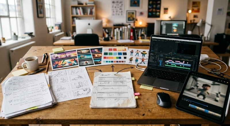 video production workflow showing storyboards editing timeline script development and animation assets