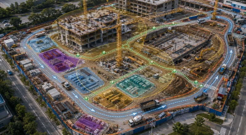 Engineering Animation for Large-Scale Construction Projects 3 construction site logistics d animation showing pedestrian routes and material zones
