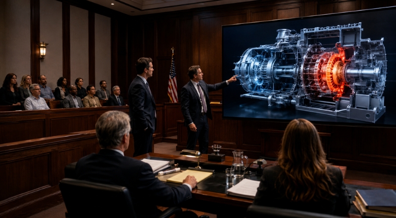 courtroom technical animation showing industrial machinery failure for legal litigation