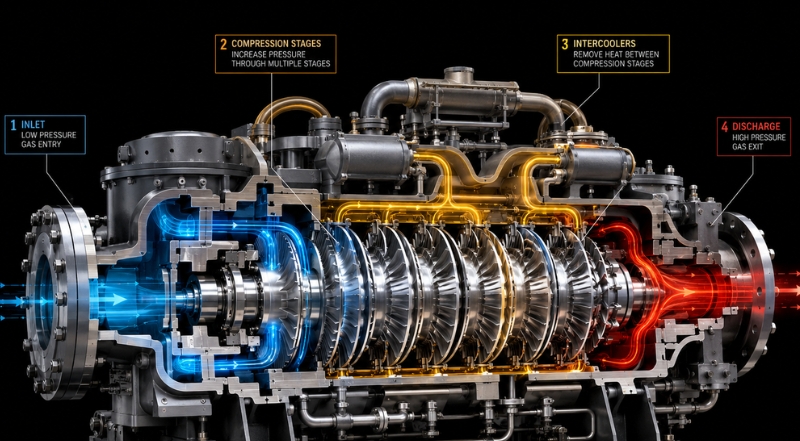 d multistage gas compressor animation showing inlet compression intercooling and discharge flow