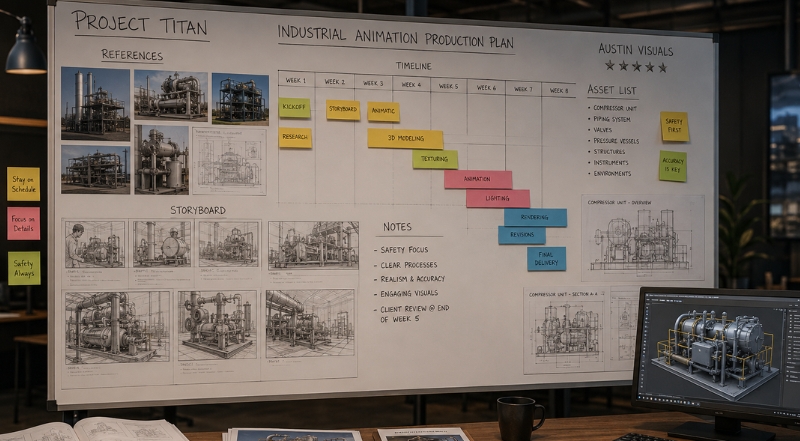 industrial d animation production plan storyboards project timeline and engineering visualization