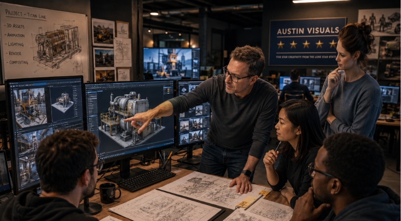 How 3D Animation Improves Manufacturing Training Effectiveness 1 industrial d animation team reviewing engineering models storyboards and technical drawings