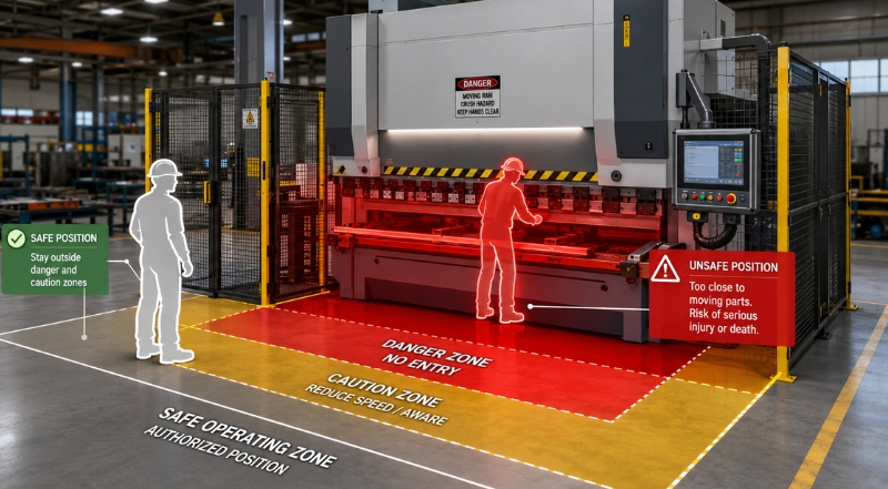 How 3D Animation Improves Manufacturing Training Effectiveness 4 industrial press brake safety animation showing safe and unsafe operator zones