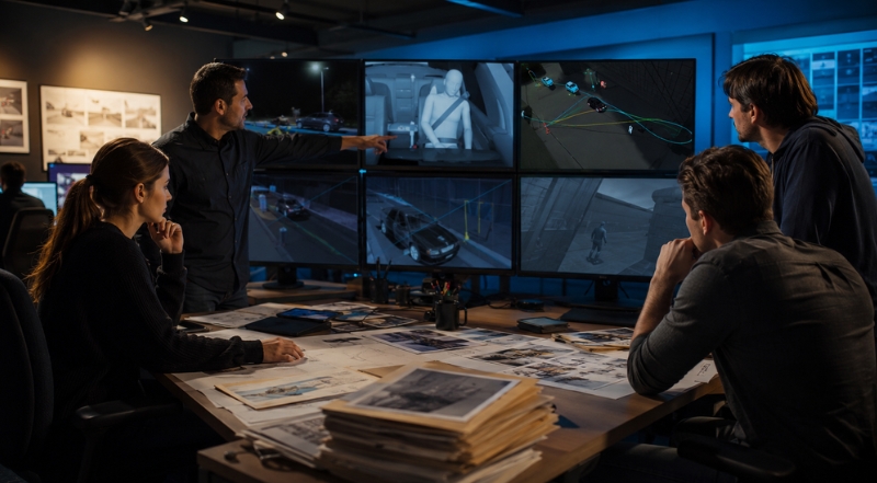 legal forensic animation team reviewing accident reconstruction frames in production studio