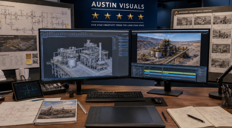 mining d animation studio with cad models storyboards and editing timeline