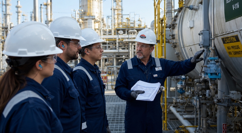 oil and gas safety training team inspecting industrial test separator equipment