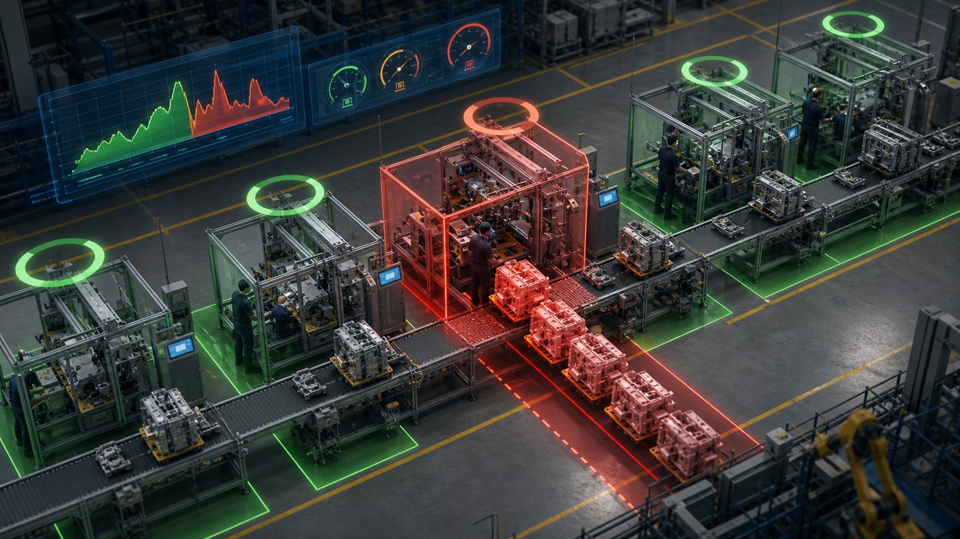 3D animation for assembly line optimization with engineers reviewing a simulated manufacturing line