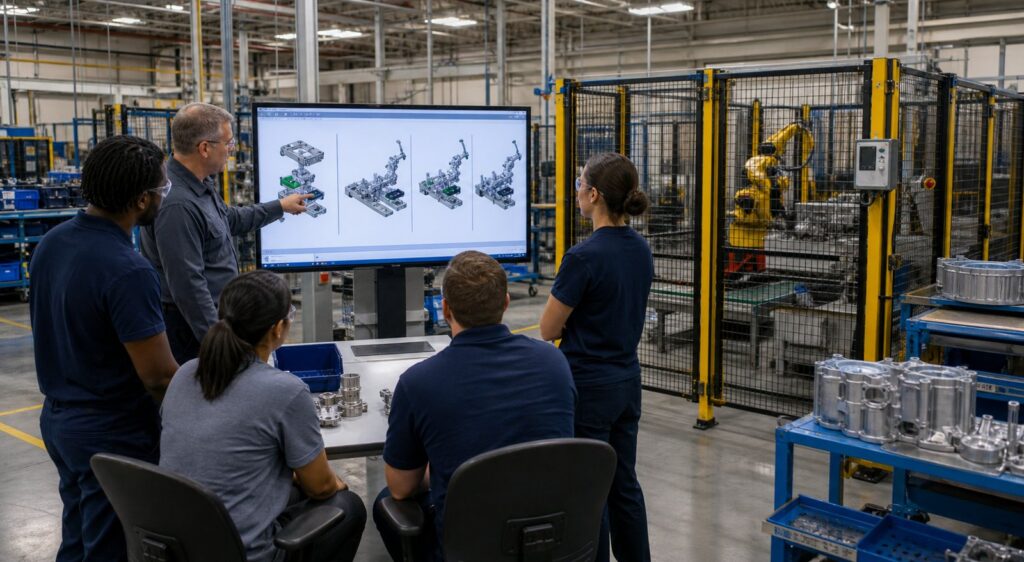 3D animation for lean manufacturing training beside a guarded production cell