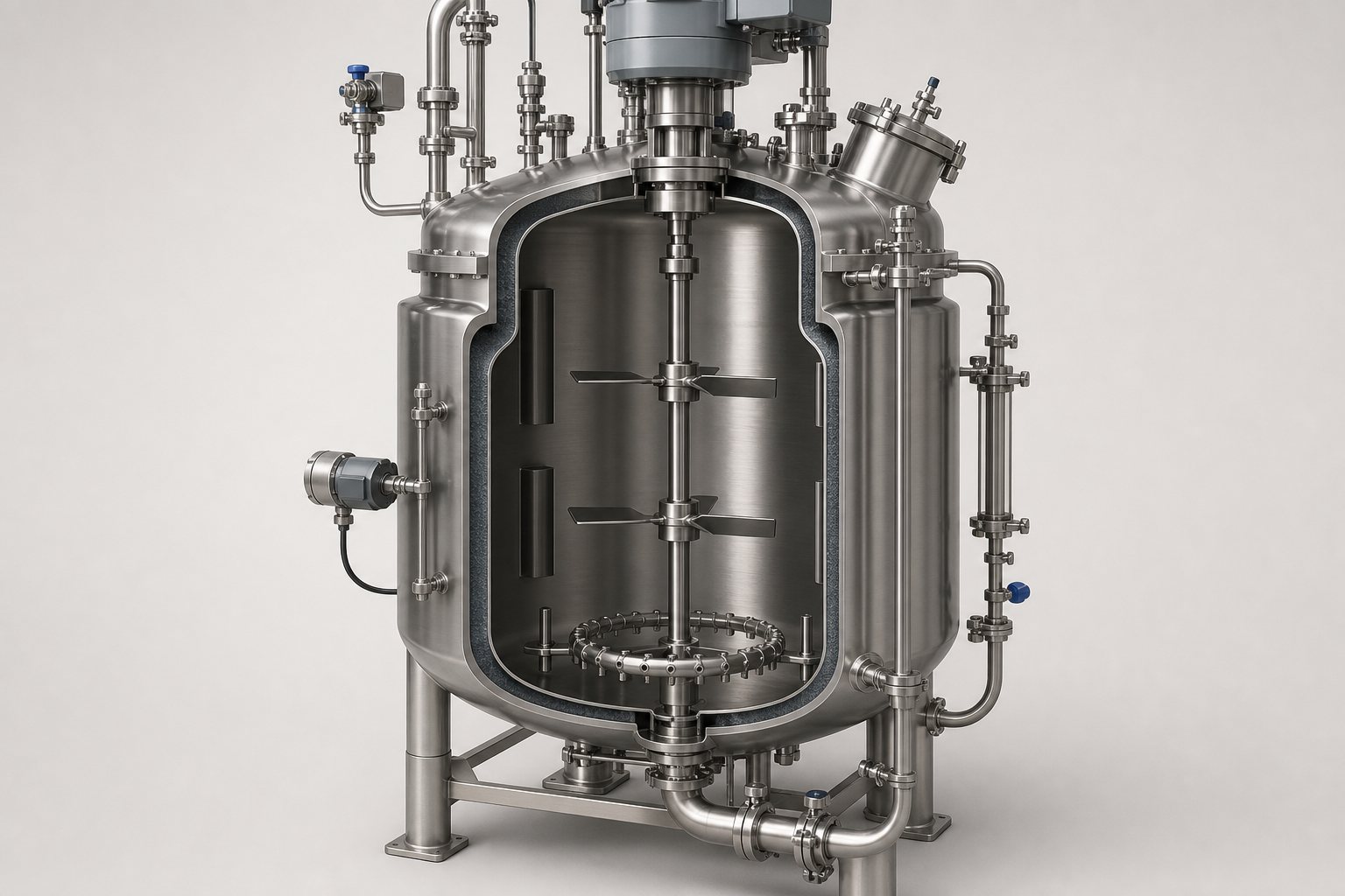 3D medical animation for pharma showing a cutaway bioreactor with impellers and sparger
