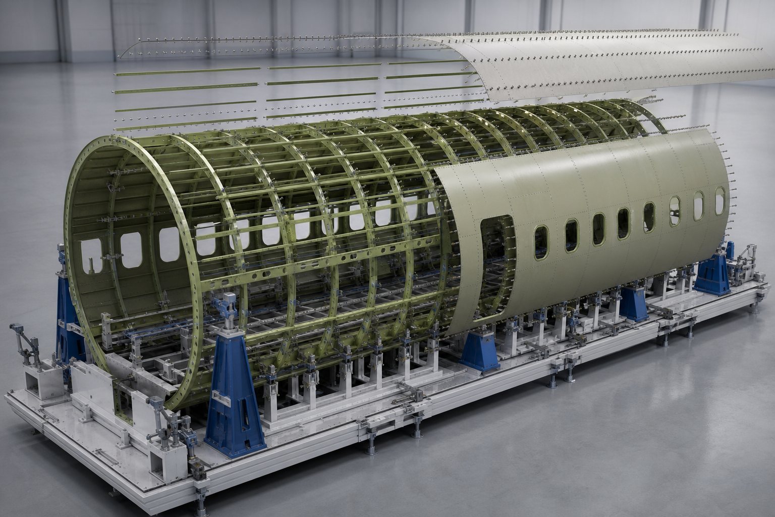 3D aerospace visualization of fuselage frames stringers skin panels and assembly tooling