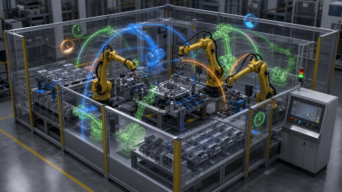 Assembly line material flow optimization animation showing parts moving through balanced work cells