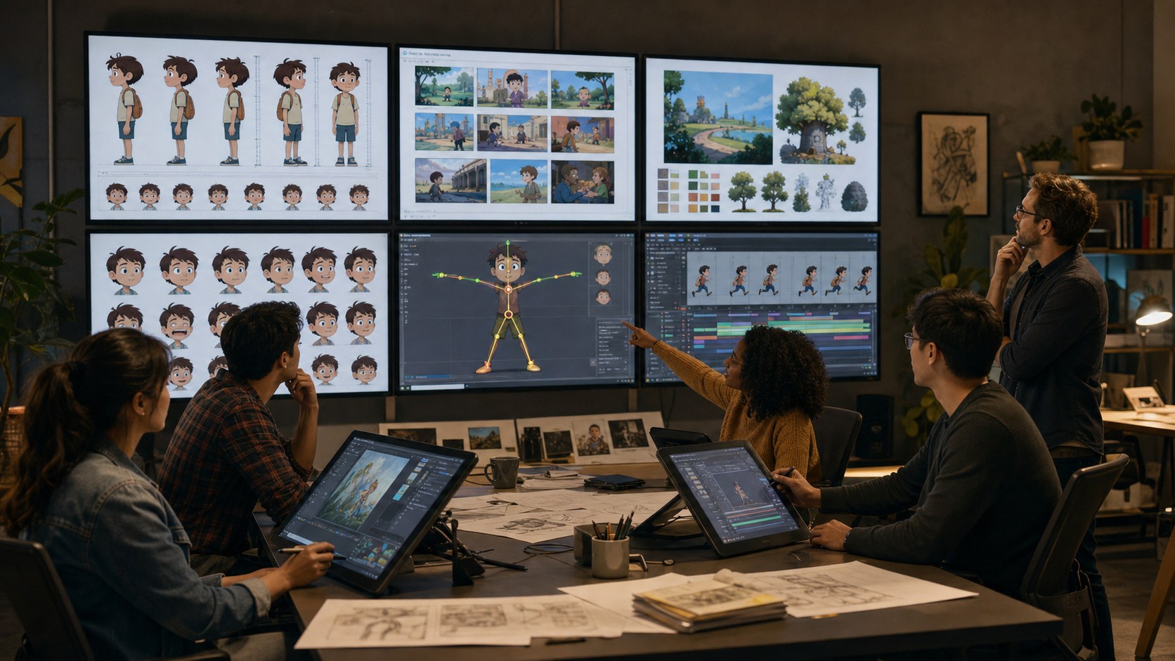 Augusta character animation team reviewing educational storyboards and 2D production
