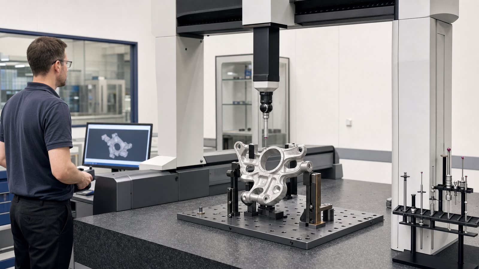 Automotive parts quality inspection animation with coordinate measuring machine