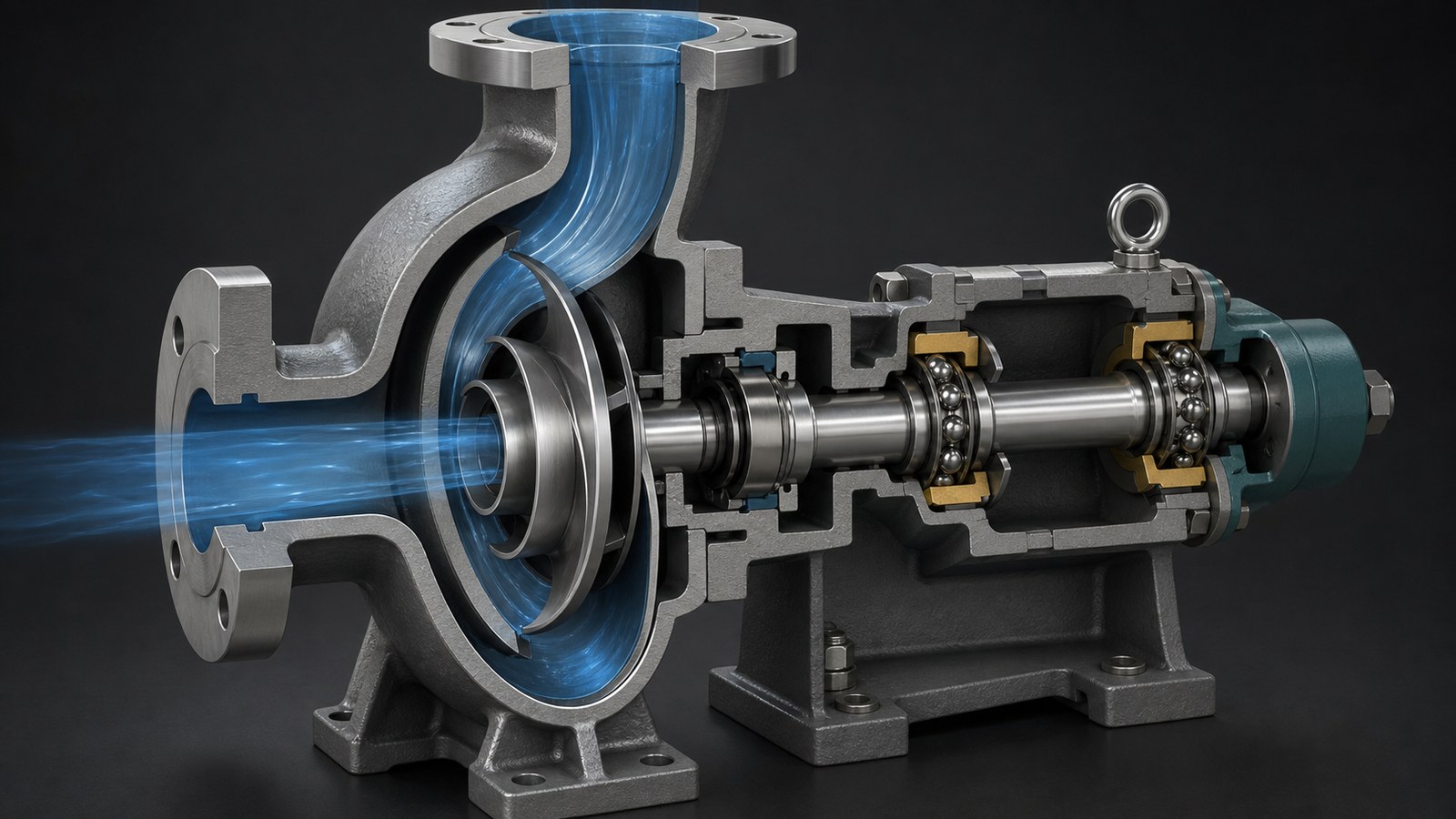 3D cutaway animation of a centrifugal pump and internal flow path
