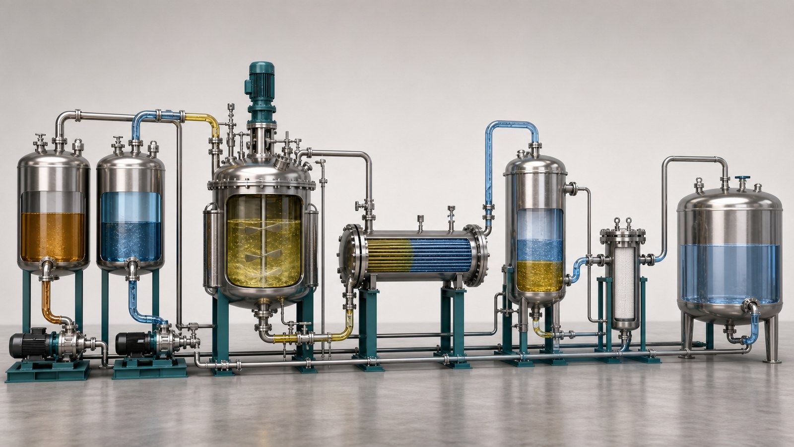 Chemical process animation showing material flow through equipment