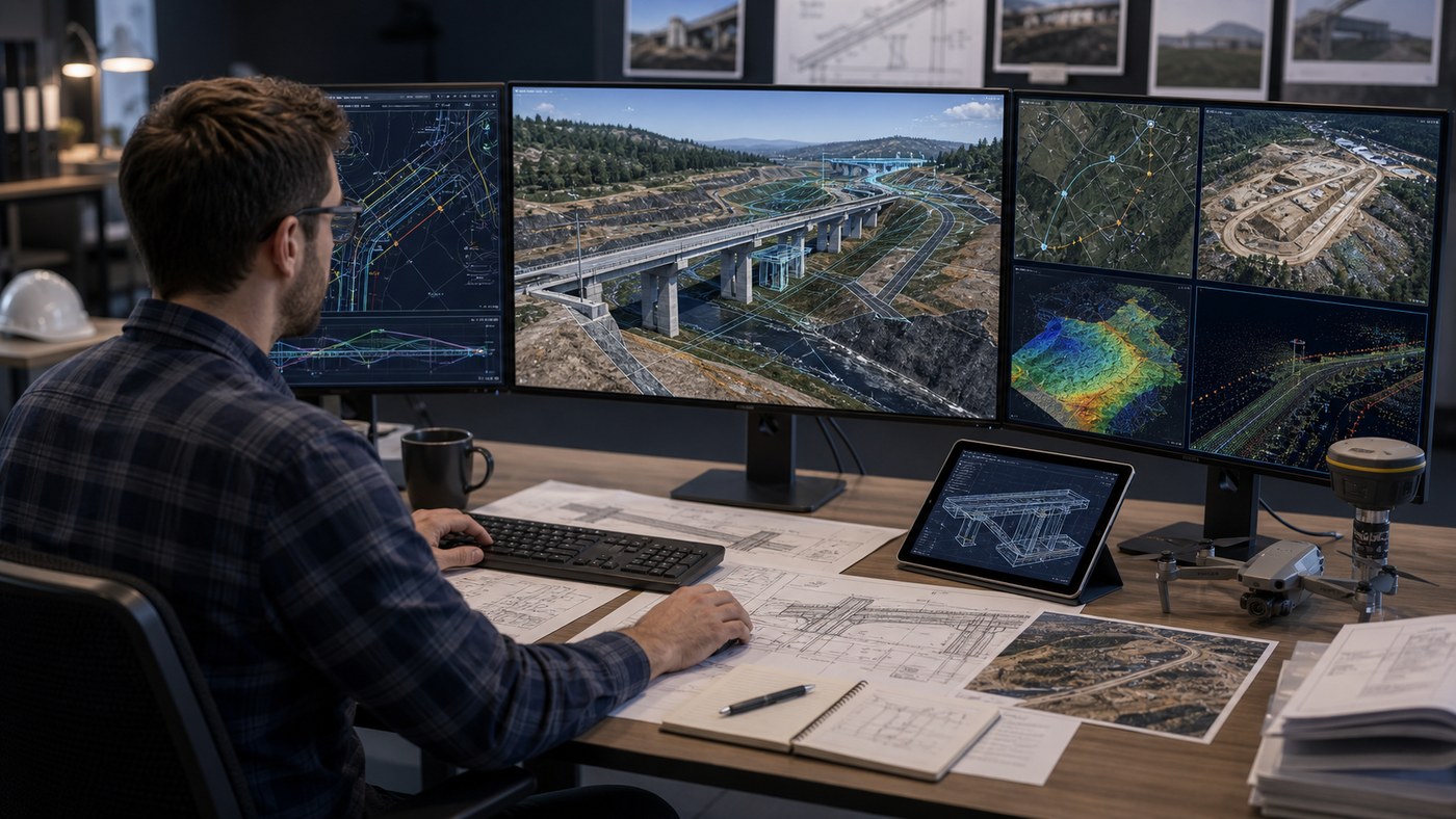 Engineering visualization workspace with CAD drawings, GIS map layers, drone imagery, survey points, and 3D infrastructure model on monitors