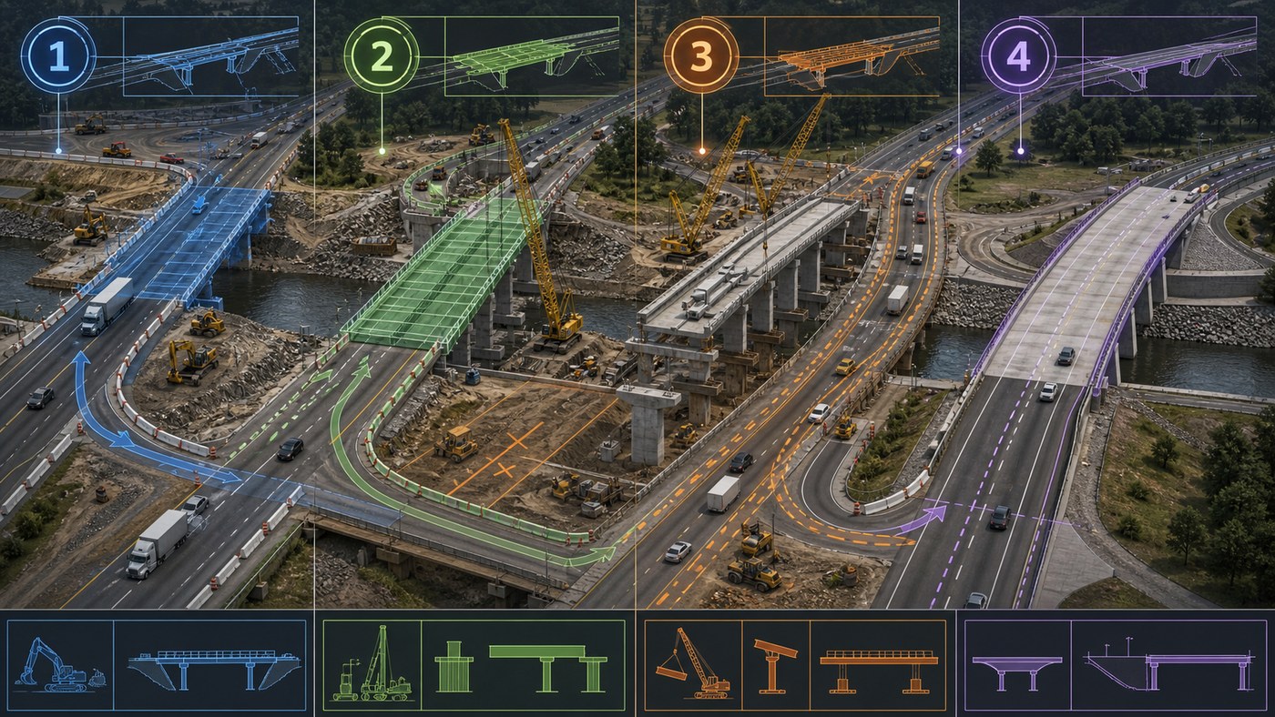 3D construction phasing visualization for a bridge and roadway project with detours, work zones, and equipment areas