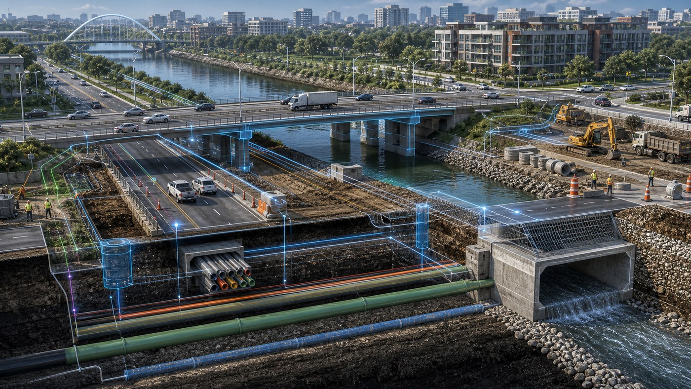 3D civil infrastructure model showing roadway, bridge, utilities, drainage system, construction zones, and urban surroundings