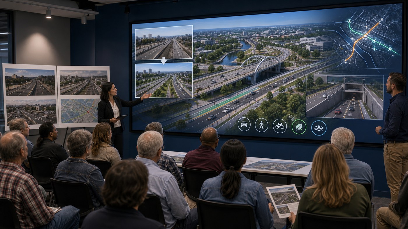 Public meeting presentation with residents viewing a 3D infrastructure model, before and after views, and traffic route overlays