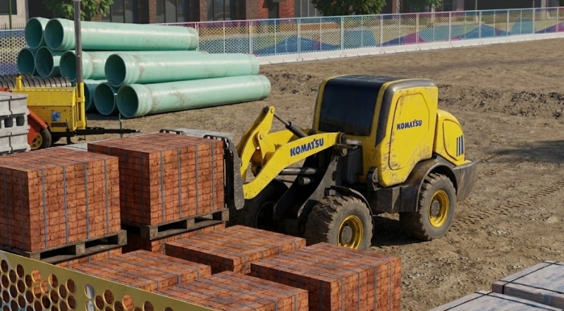 construction wheel loader animation moving brick pallets on jobsite