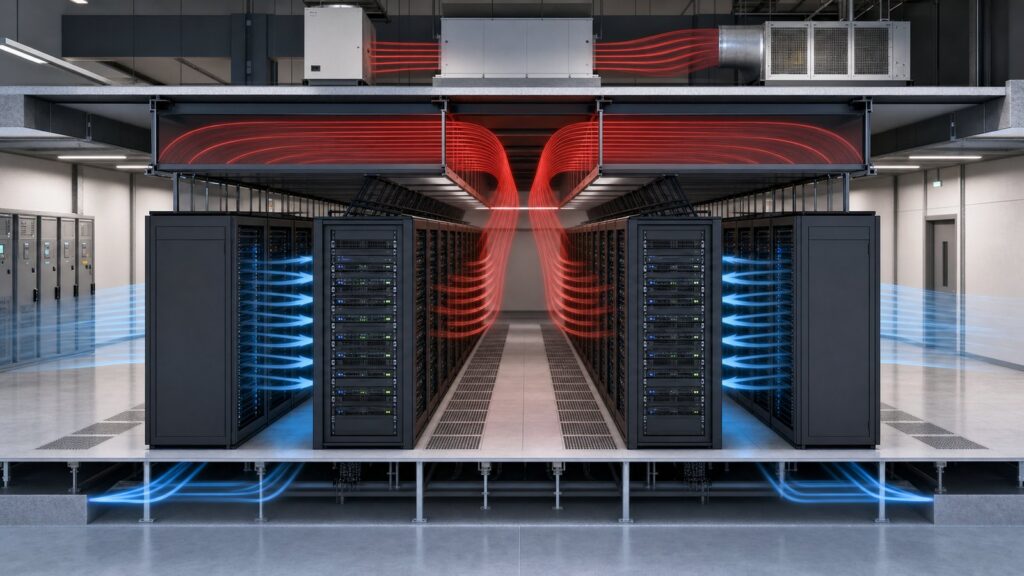 Data center airflow animation showing hot aisle and cold aisle cooling paths