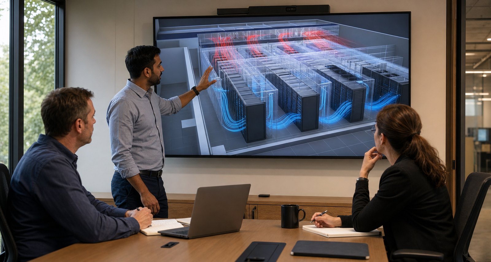 Data center engineers and communication team reviewing a realistic 3D airflow animation